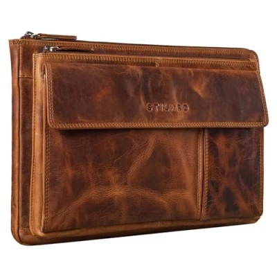 Image of STILORD &#039;Dalton&#039; Leather Conference Folder Zipped Vintage Business Document Holder A4 Laptop Case for 13,3 Inch MacBooks Portfolio Genuine Leather, Colour:Kara Cognac