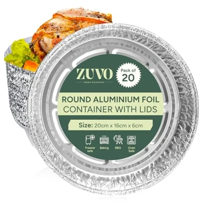 Image of Zuvo Round Aluminium Containers Pack of 20 Foil Flan Cases with Paper Lids Baking Trays