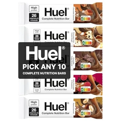 Image of HUEL Complete Nutrition Bars 51g Pick any 10 5 Flavours to choose from Choc Chip Cookie Dough, Dark Chocolate &amp; Raspberry, Fudge Brownie, Peanut Caramel and