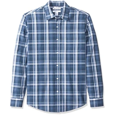 Image of Amazon Essentials Men&#039;s Slim Fit Long Sleeve Poplin Shirt, Navy Medium Plaid, XL