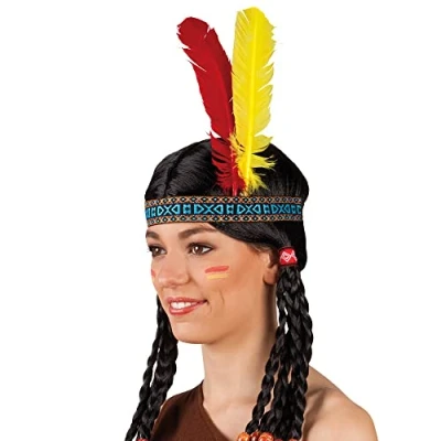 Image of Boland Unisex Adult Indian Headband, Multicoloured with Red and Yellow Feather Ideal for Carnival, Theme Parties, Costumes