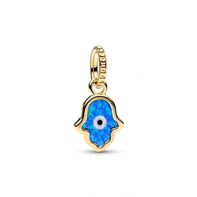 Image of Pandora Moments Hamsa hand 14k gold plated dangle with deep blue and white lab created opal black man made composite