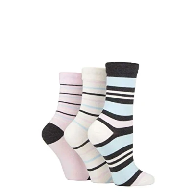 Image of SockShop Ladies Gentle Bamboo Socks with Smooth Toe Seams In Plains and Stripes Pack of 3 (Charcoal Cream Stripe, 4 8)