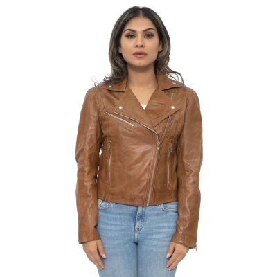 Image of Ladies Womens Tan Real Leather Fitted Vintage Biker Style Zip Fashion Jacket S