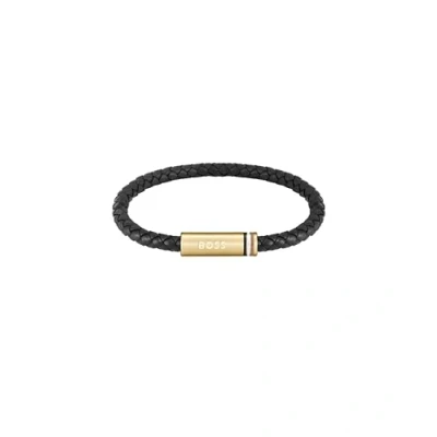 Image of BOSS Jewelry Men&#039;s ARES SINGLE Collection Bracelet with Black Leather and Gold Stainless Steel Closure 1580624
