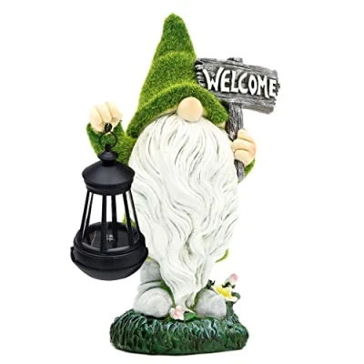 Image of Gardenwize Solar Powered LED Garden Gonk Ornament Gnome Statue, Waterproof Resin Gifts Decorative Patio House Decking Figurine (Gonk With Welcome Sign)