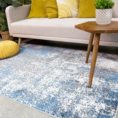 Image of Blue Abstract Distressed Style Rug Arty Soft Plush Textured Ombre Multi tone Durable Affordable Living Room Area Bedroom Hallway Rugs 160cm x 230cm