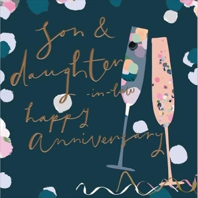 Image of Woodmansterne Son and Daughter in Law Anniversary Card Champagne Flutes Streamers Embossed with Foil Details Eco Friendly Recyclable