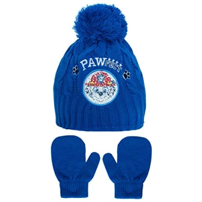 Image of Paw Patrol Boys Knitted Bobble Hat + Mittens Winter Set Blue 12 18 Months