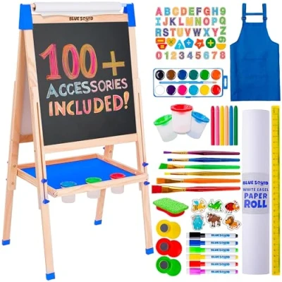 Image of Blue Squid Art Easel for Kids Dual Sided Adjustable Wooden Painting Easels with Magnetic Chalk Board, White Board &amp; Paper Roll Includes 100+ Accessories Toddlers Children 3 to 12