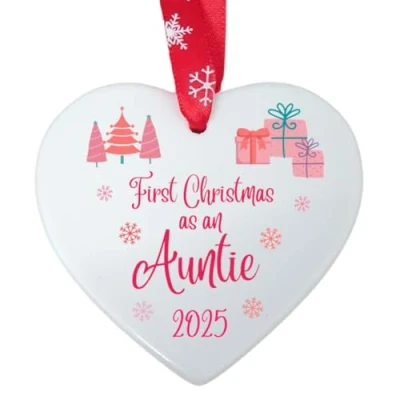 Image of Second Ave First Christmas as an Auntie White Ceramic Hanging Heart Xmas Tree Decoration Bauble