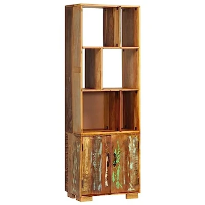 Image of vidaXL Retro Bookshelf with Multicoloured Reclaimed Wood Construction, In built Cabinet and Multiple Storage Compartments for Home or Office Display
