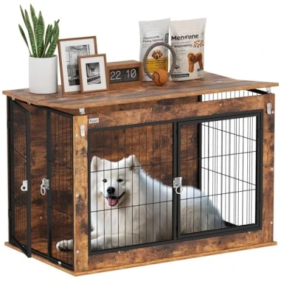 Image of PawHut Dog Crate Furniture, Cage End Table with Flip up Opening Top, 2 Lockable Doors, for Large Dogs, 98 x 60 65.5cm, Rustic Brown