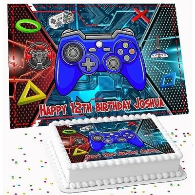 Image of GAMING PARTY BIRTHDAY PERSONALISED ICING EDIBLE COSTCO CAKE TOPPER R1 3203