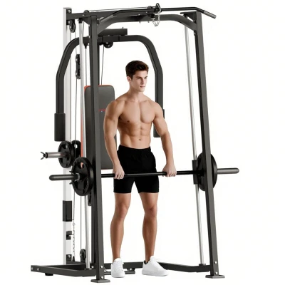 Image of SPORTNOW 3 In 1 Smith Machine, Multifunctional Power Cage with Dual Cable Pulley System, Chest Press Station, 17 Level Squat Rack and Barbell Bar, Home Gym System
