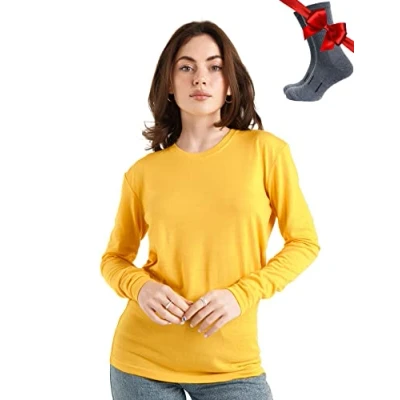 Image of Merino.tech Merino Wool Base Layer Women 100% Lightweight Long Sleeve Thermal Shirts + Socks (Large, 165 Gold)