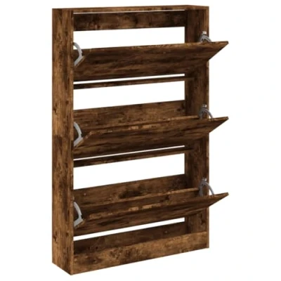 Image of vidaXL Smoked Oak Shoe Cabinet for Entryway/Hallway Engineered Wood, 3 Flip Drawers, Slim Space saving Design, 80x21x125.5 cm