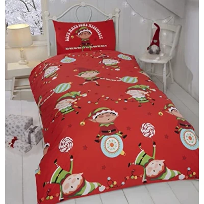 Image of Rapport Home Naughty Elves Toddler Junior Duvet Cover Children&#039;s Christmas Bedding Set, 2 pcs, Cotton, Red