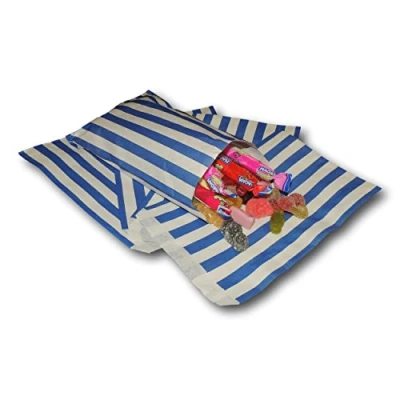 Image of EPOSGEAR® 5&quot; x 7&quot; Coloured Candy Stripe Sweet Paper Party Bags Ideal for Gift Shops, Wedding Favours, Carts, Buffets etc (Blue, 100 Bags)