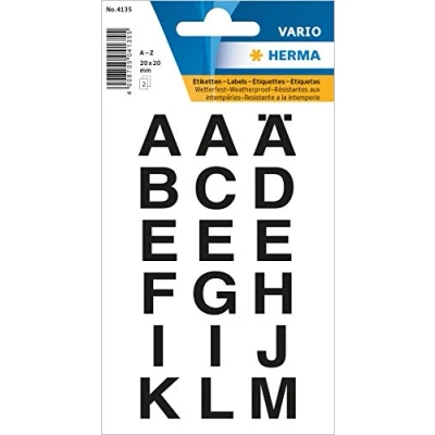 Image of HERMA 4135 Letters Stickers, Black, Pack of 36, 20 x mm, Self Adhesive, Weatherproof, Large, Alphanet Sticker, Adhesive A Z, Made Foil for Sticking, Transparent