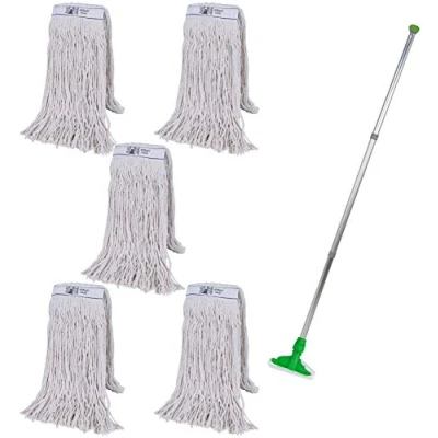Image of Abbey Heavy Duty Professional Kentucky Mop Handle and Holder with 5 Heads (450g) Industrial Colour Coded to Avoid Cross Contamination Commercial for Cleaning Hard Floors Green