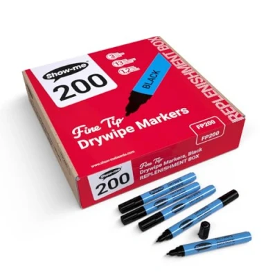 Image of Show me FP200 Fine Tip Drywipe Whiteboard Pens for Schools and Classrooms Black (200 Pack of Markers)