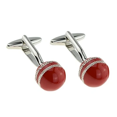 Image of Red Cricket Ball Cufflinks Presented in a Box