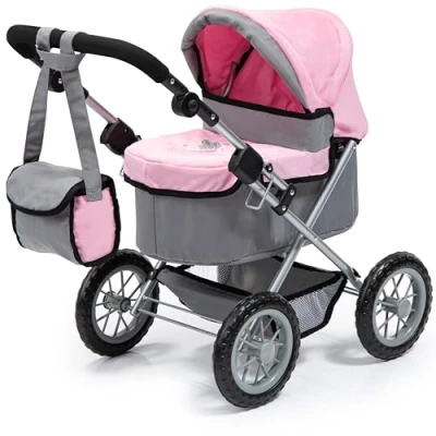 Image of Bayer Design 13008AA Dolls Pram Trendy, stroller, foldable, height adjustable handle, bag, grey pink with fairy