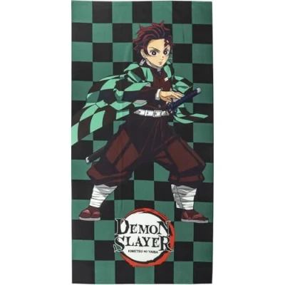 Image of CERDÁ LIFE&#039;S LITTLE MOMENTS Demon Slayer Children&#039;s Towel Black and Green 70x140cm Made with 100% Polyester 240 gsm Small Tanjiro Print Original Product Designed in Spain
