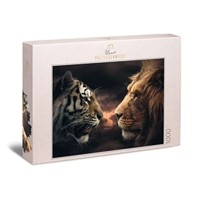 Image of Ulmer Puzzleschmiede, Puzzle &quot;Rumble in the Jungle&quot;, Impressive 1000 Piece with Lion and Tiger, Who is King of Animals, Magnificently Staged Big Cat for Adults