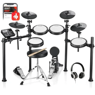Image of Donner DED 200X Electronic Drum Set, Electric Kit with Quiet Mesh Pads, 2 Cymbals w/Choke, 31 Kits and 450+ Sounds, Throne, Headphones, Sticks, USB MIDI, Melodics Lessons (5 4 Cymbals)