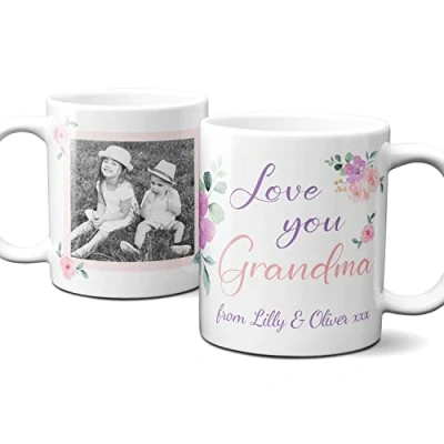 Image of Thoughtful Gifts Lovely Floral Photo Grandma Mug, Personalised Mug for Grandma, Cup Gift Present