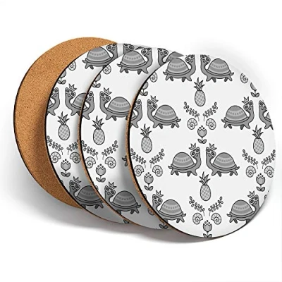 Image of Destination Vinyl ltd Great Coasters (Set of 4) Round BW Cute Tortoise Pattern Turtle Drink Glossy Coasters/Tabletop Protection for Any Table Type #38024