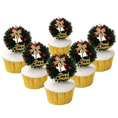 Image of Evelay Cake Toppers Merry Christmas Decoration 6 10 Pieces Cupcake Multi Purpose (6 Wreath)