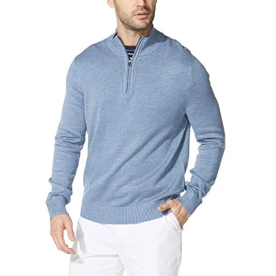 Image of Nautica Men&#039;s Quarter Zip Sweater, Deep Anchor Heather, Medium