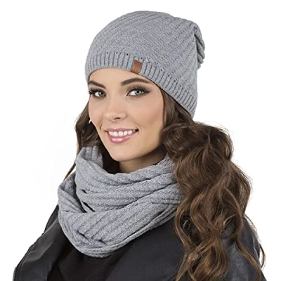 Image of Vivisence Stylish Women&#039;s Winter Set Including Warm Knitted Hat and Matching Snood Scarf Made from Soft Fabric Ideal for Cold Autumn Weather, Light Grey,UNI