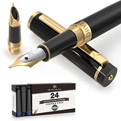 Image of Dryden Designs Fountain Pen Medium and Fine Nibs Includes 24 Ink Cartridges Refill Converter Calligraphy Pen, Consistent Writing, Smooth Flow Intense Black