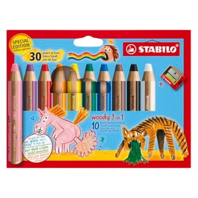 Image of STABILO woody 3 in 1 Multi Talented Pencil Pack of 10 Birthday Edition Assorted Colours with Sharpener