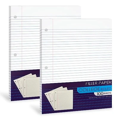 Image of Notebook Paper College Ruled, Loose Leaf Ruled Paper, Lined Filler for 3 Ring Binders 10.5 X 8&quot;, Students, College, School Classroom 100 Sheets/Pack (2 Pack)