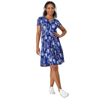 Image of Roman Petite Aztec Print Tiered Dress for Women UK Ladies Everyday Holiday Spring Summer Notch Neckline Comfy Soft Evening Vacation Work Party Navy Size 16