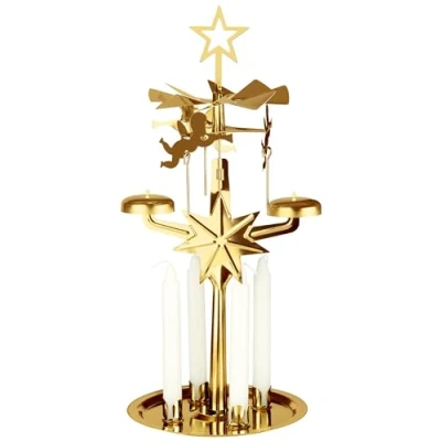 Image of BRUBAKER Metal Chimes Carousel Candle Holder with Angels incl. 4 Candles Rotating Table Pyramid for Christmas Gold