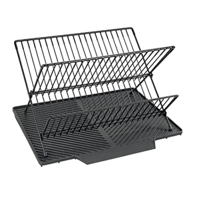 Image of WENKO Nelia draining mat with dish drainer rack sloping surface for optimal water drainage, plastic mat, metal rack, (W x H D): 34 24 40 cm, black