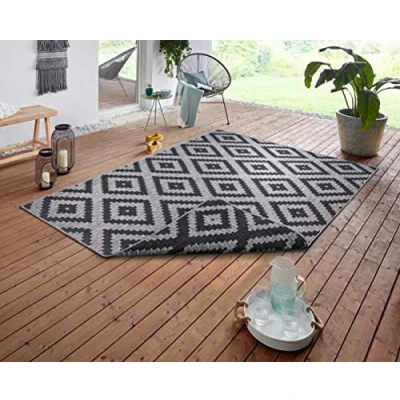 Image of NORTHRUGS Indoor and Outdoor Rug Malta 80 x 250 cm Reversible Weatherproof Modern Geometric Pattern for Balcony Patio Garden Conservatory Living Room Waterproof in Night Silver