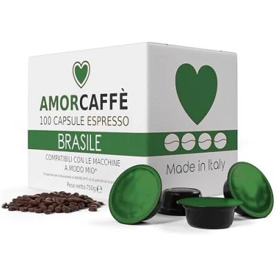 Image of AMORCAFFÈ 100 Coffee Capsules Pods Compatible with Lavazza A Modo Mio, Brasile taste