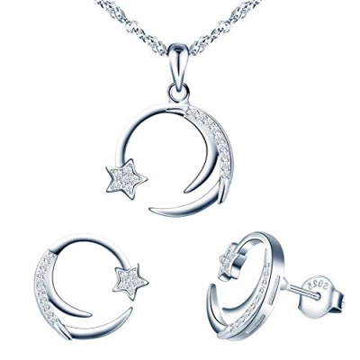 Image of Yumilok Moon Star Jewelry Sets, Solid 925 Silver Women Earrings Pendant Necklace