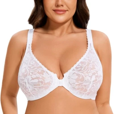 Image of MELENECA Women&#039;s Front Fastening Underwire Plus Size Racerback Non Padded Sexy Lace Bra White 46G