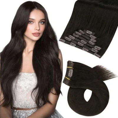 Image of Moresoo Clip in Hair Extensions Real Human Darkest Brown 16 Inch 7 Pieces/120g #2