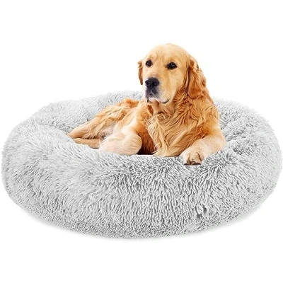 Image of TOHDNC Cat Dog Calming Bed, Round Soft Fluffy Plush Pet Bed with Non Slip Bottom Kitten Nest Washable (Light Grey 60cm)