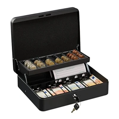 Image of Relaxdays Cash Box, Coin Counter Tray Lockable Portable Change &amp; Notes, H x W D: 8.5 30.5 24.5 cm, Iron, Black, 60% 30% Plastic 10% Steel