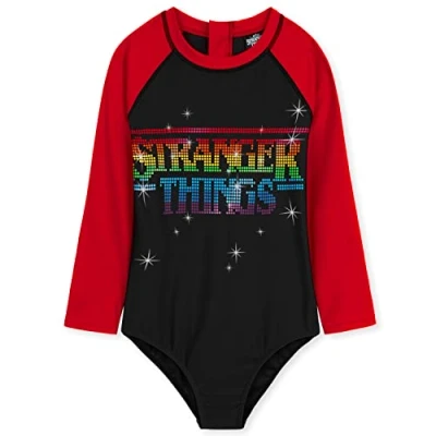Image of Stranger Things Girls Swimming Costume Summer Holiday Essentials Long Sleeve Childrens Swimwear 9 14 Years One Piece Swimsuit Beach Pool Official Merchandise (Black/Red, 10 Years)